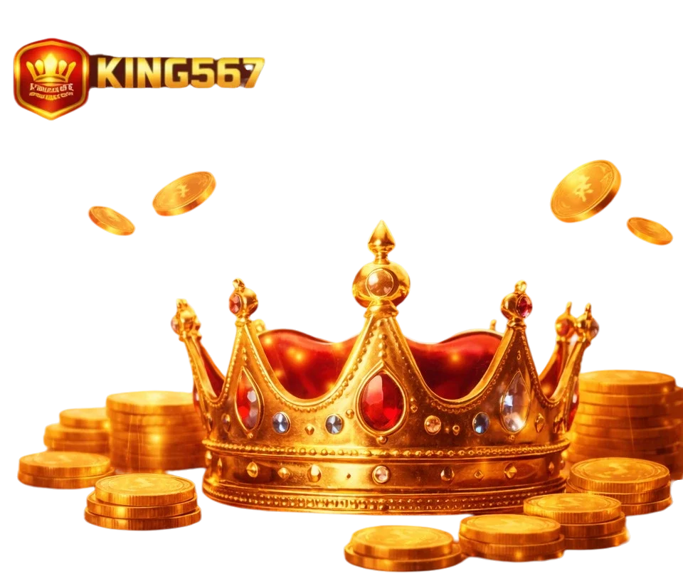 Golden crown with coins and King567 Casino logo — luxury online casino concept image