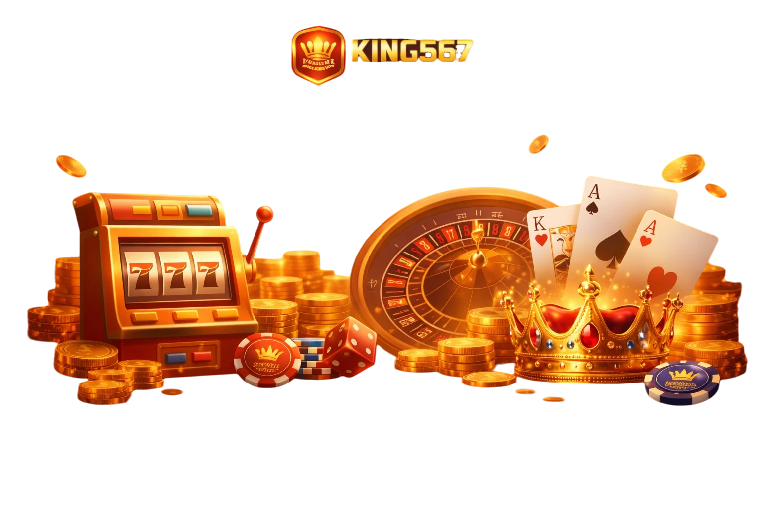 Online casino games illustration with slot machine, roulette, cards and coins — King567 Casino games