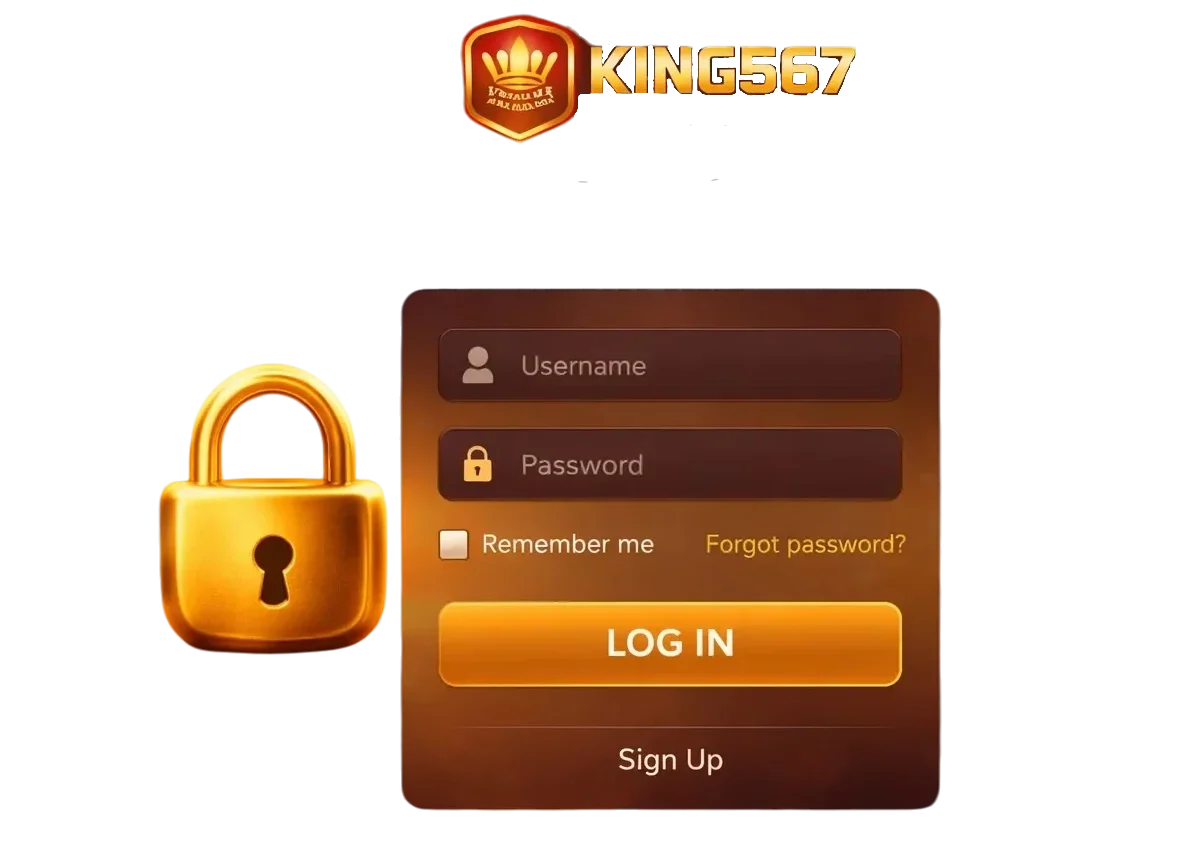 Online casino login form with secure padlock icon and gold background — King567 Casino login page