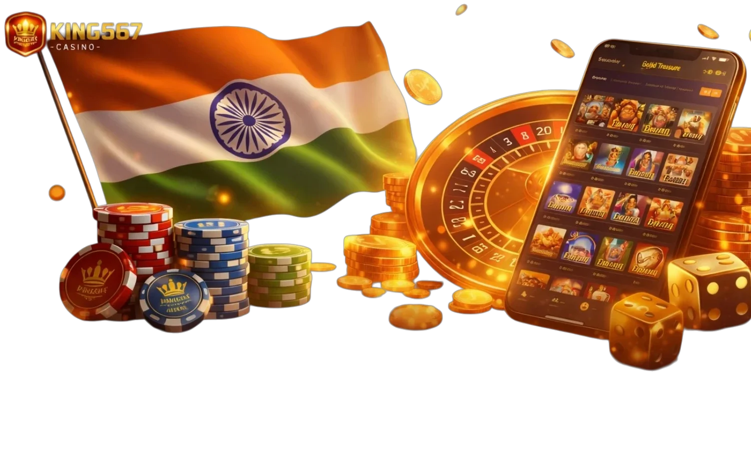 King567 mobile app interface on smartphone with golden crown and coins — online casino app design